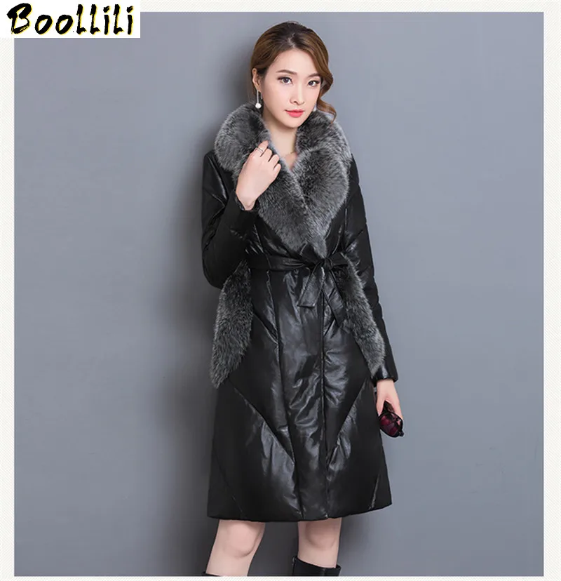 Women's Leather Boollili Jacket Winter Warm Coat Female White Goose Down Jackets Faux Fox Fur Collar Coats Parkas Mujer