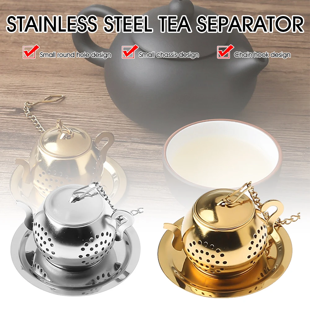 1pcs Tea strainer Teapot Shape Loose Tea Infuser Stainless Steel Leaf Tea Maker Strainer Chain Drip Tray Herbal Spice Filter