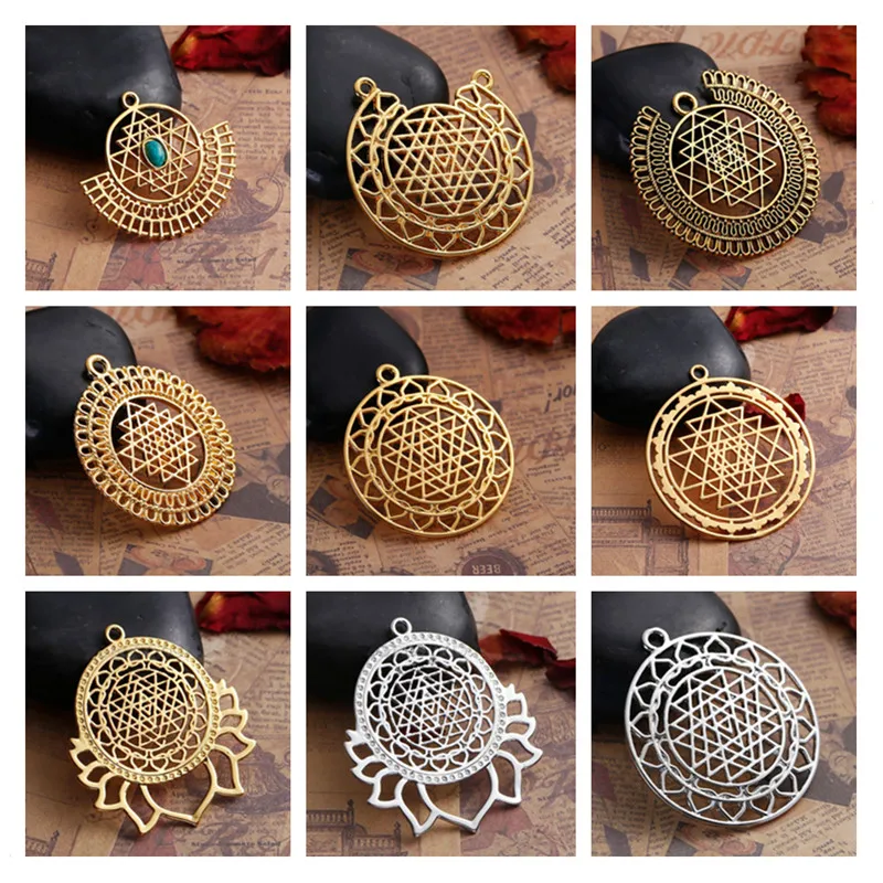 8Seasons Copper Sri Yantra Meditation Pendants Round Gold Color Hollow Charms DIY Making Necklace Earrings Women Jewelry,1-5PC