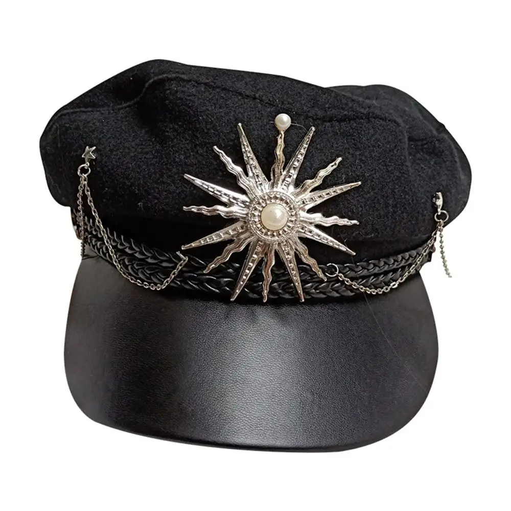 

Women Girls Cute Black Lolita Cap Casquette Peaked Cap Steampunk Metal Chain Props Gothic JK Beret Cool