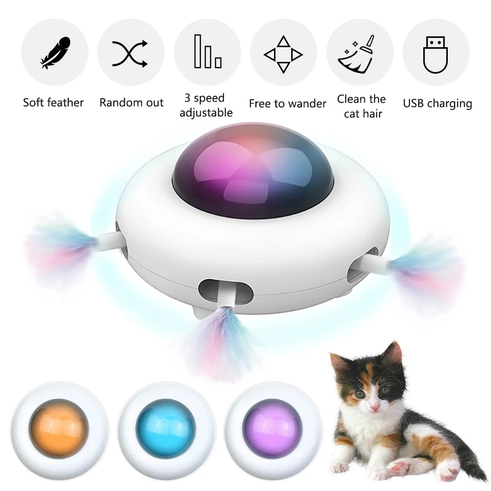 Juguete interactivo UFO automático para gato, juguete electrónico de pluma giratoria para interior, apagado automático inteligente, carga USB móvil aleatoria