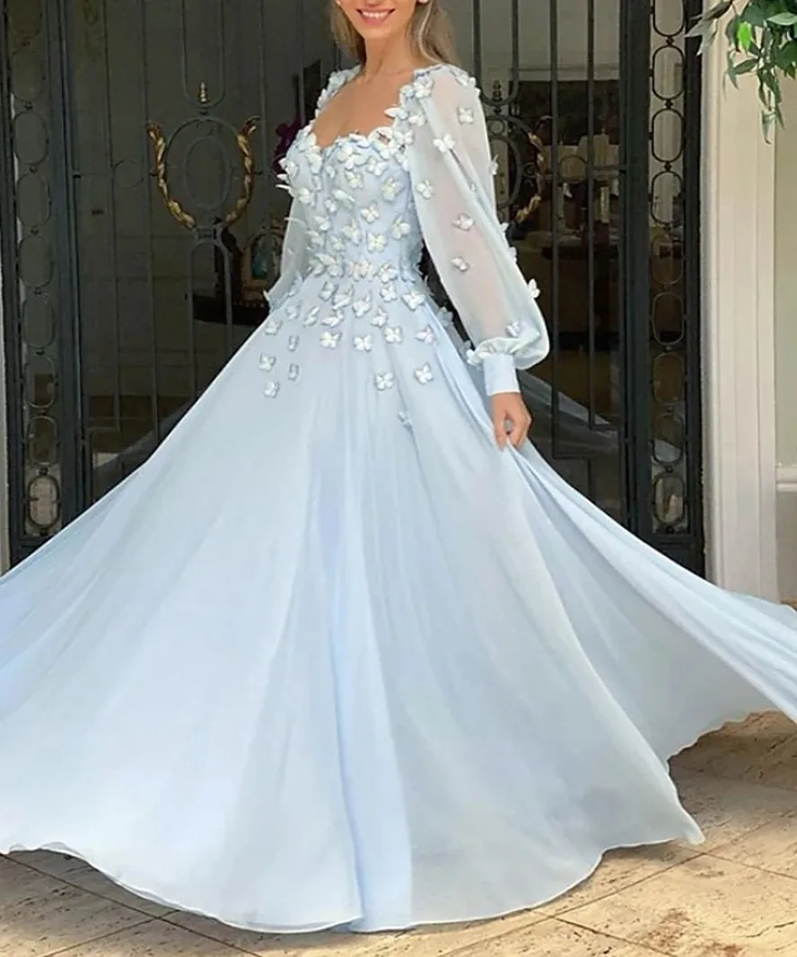 Elegante abito da ballo con fiori 3D 2021 scollo tondo manica lunga in Chiffon abiti da sera da sera Robe De Soiree abiti