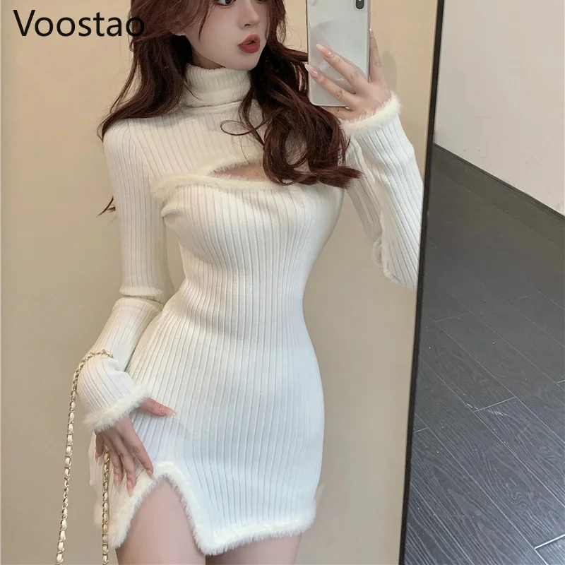 Spring Autumn Tight Split White Turtleneck Knitted Dress Mini Wrap Hip Sexy Slim Black Long Sleeve Hollow Out Sweater Vestidos