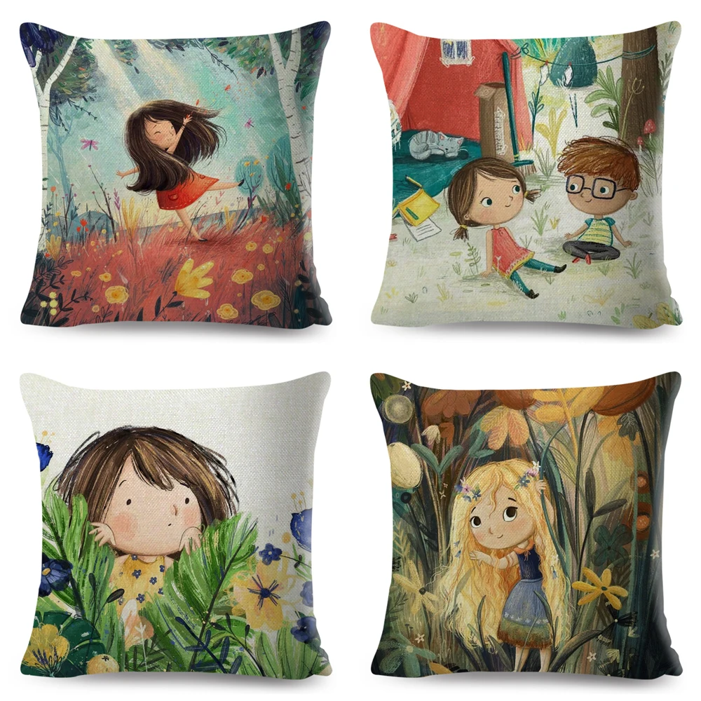 Watercolor Cartoon Girl Cushion Cover Decor Fairy Tale World Lovely Child Pillowcase Polyester Pillow Case for Sofa Home 45x45cm