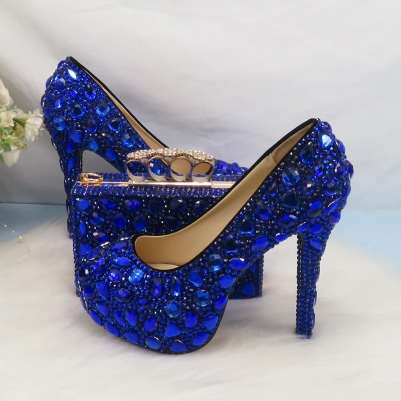 Blue Crystal Bride Wedding Shoes With Bag Set Bridesmaid Party Dress Shoes Women 14cm Super High Heels Rhinestone Pumps Handbag