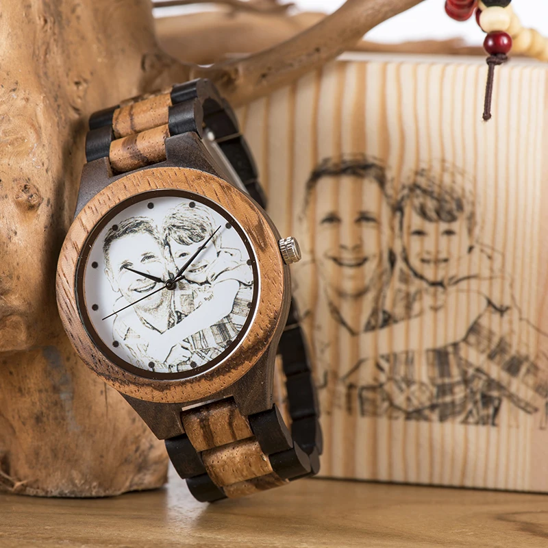 Custom LOGO Printing Photo Men Watch Unique Bamboo Wood Engrave Picture Wristwatch  Anniversary Christmas Father\'s Day Gift