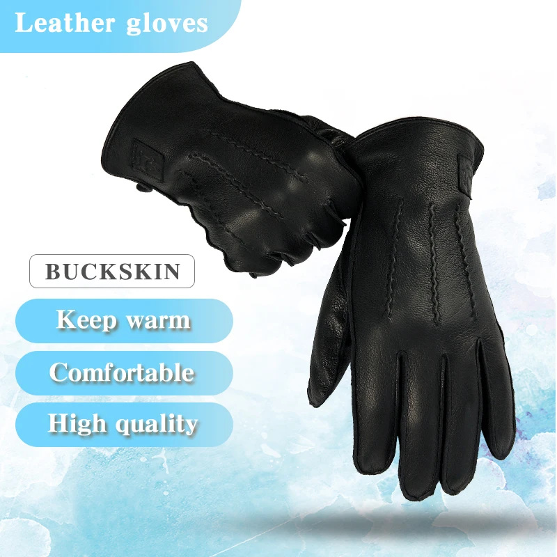 New Winter Deer Skin Gloves Male, Wave Pattern Design Soft Comfortable Men's Leather Gloves, Black Genuine Leather Warm Gloves