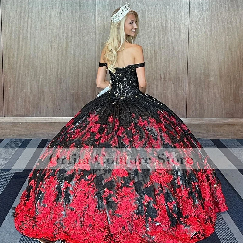 Red Black Quinceanera Dress Customized Off Shoulder Appliques Lace Party Sweet 16 Gown Vestidos De 15 Años XV