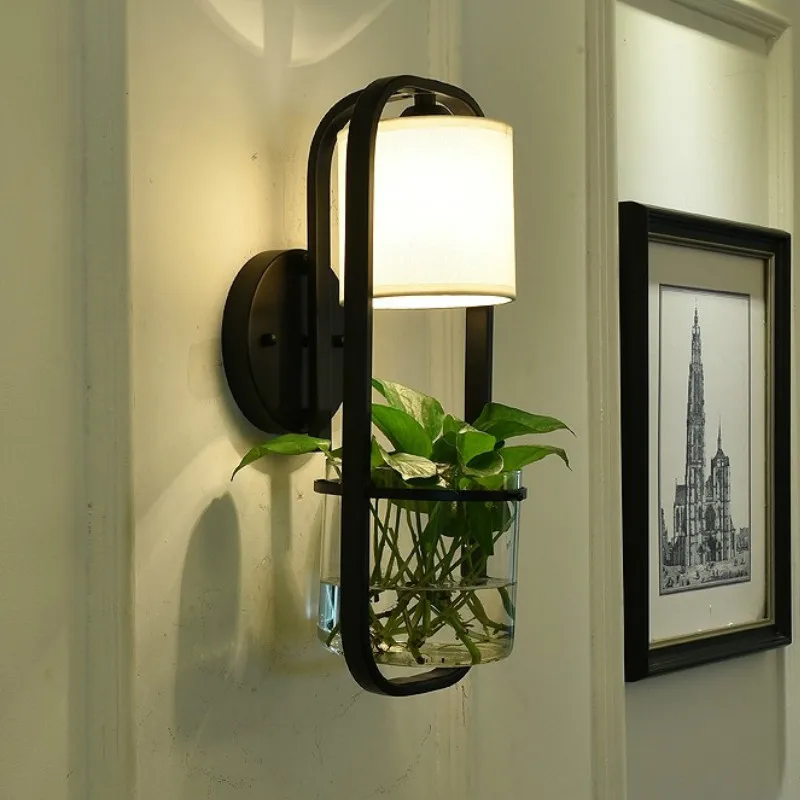 Modern American Glass Wall Lamp Iron Garden Bedroom Living Room Dining Hall Corridor Bedside E14 Plant Wall Lamp LB010911