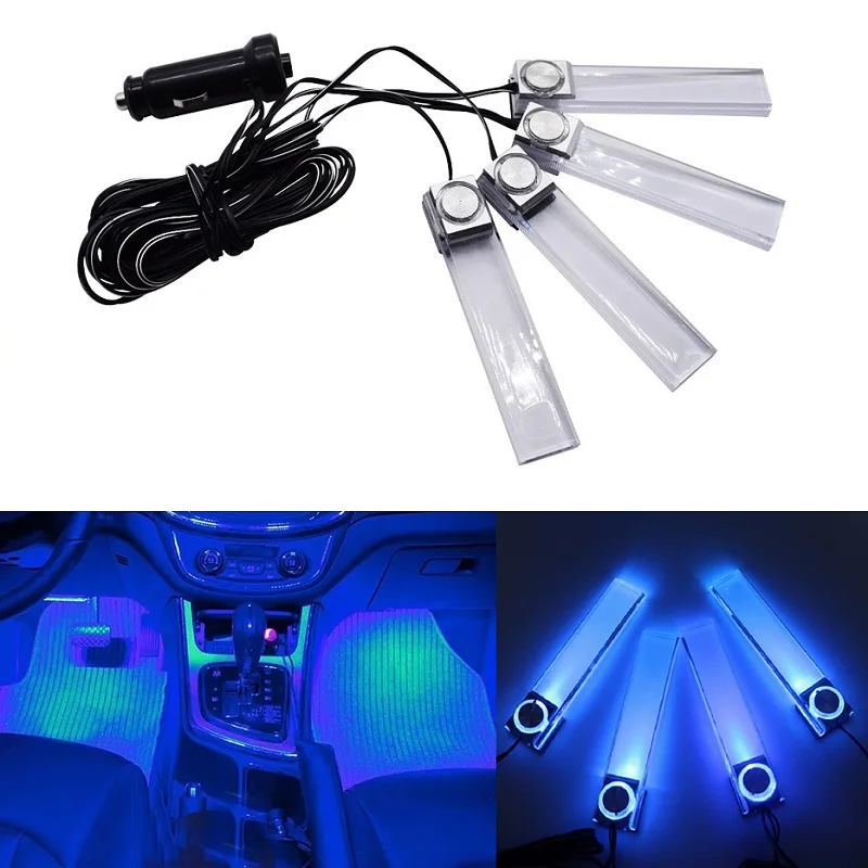 4LED Car Auto Interior Atmosphere Car LED Lights Floor Decoration Lamp Light Blue Car Led Lights 12V Foot Light Ambient