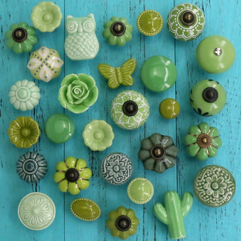 1PCS Ceramic Flower Owl Cactus shape Knobs Dresser Cabinet Pulls Green Color Kitchen Door Handle Knob Furniture Hardware w/Screw