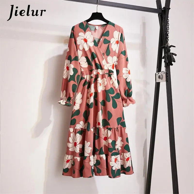 Jielur Eleganten Druck Kleid Frauen Herbst Vintage Casual S-XL Größe V Neck Blume Midi Kleid Koreanische Japan Lose Lange Hülse kleider