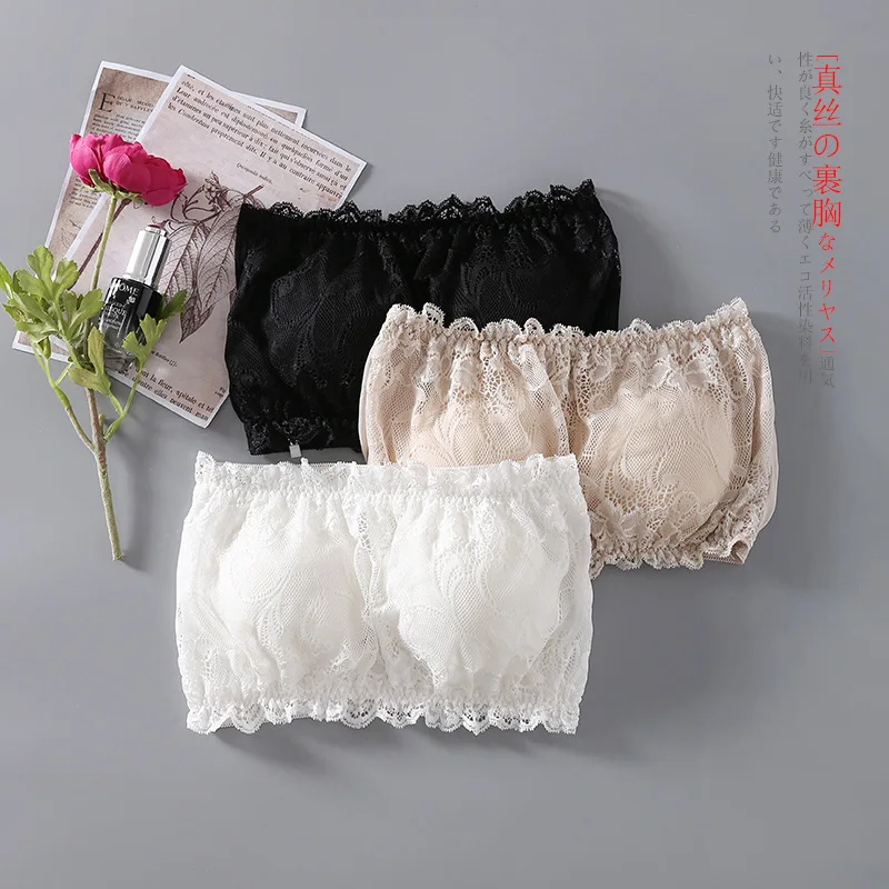 Women's 100% Real Silk Lace Removable Padded Strapless Bandeau Bra Bralette Tube Top Removable Pads 3084