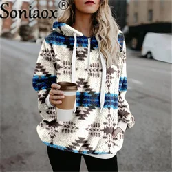 Women Ethnic Print Hooded Sweatshirt 2021 Autumn Winter Warm Long Sleeve Casual Hoodies Collar Female Drawstring Pullovers Tops