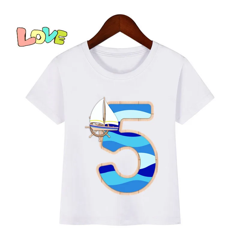 Baby Kids Navy Blue Boat Birthday Print T Shirt Children Birthday Cool Number T-shirts Boy&Girl Funny Gift Tshirt Present