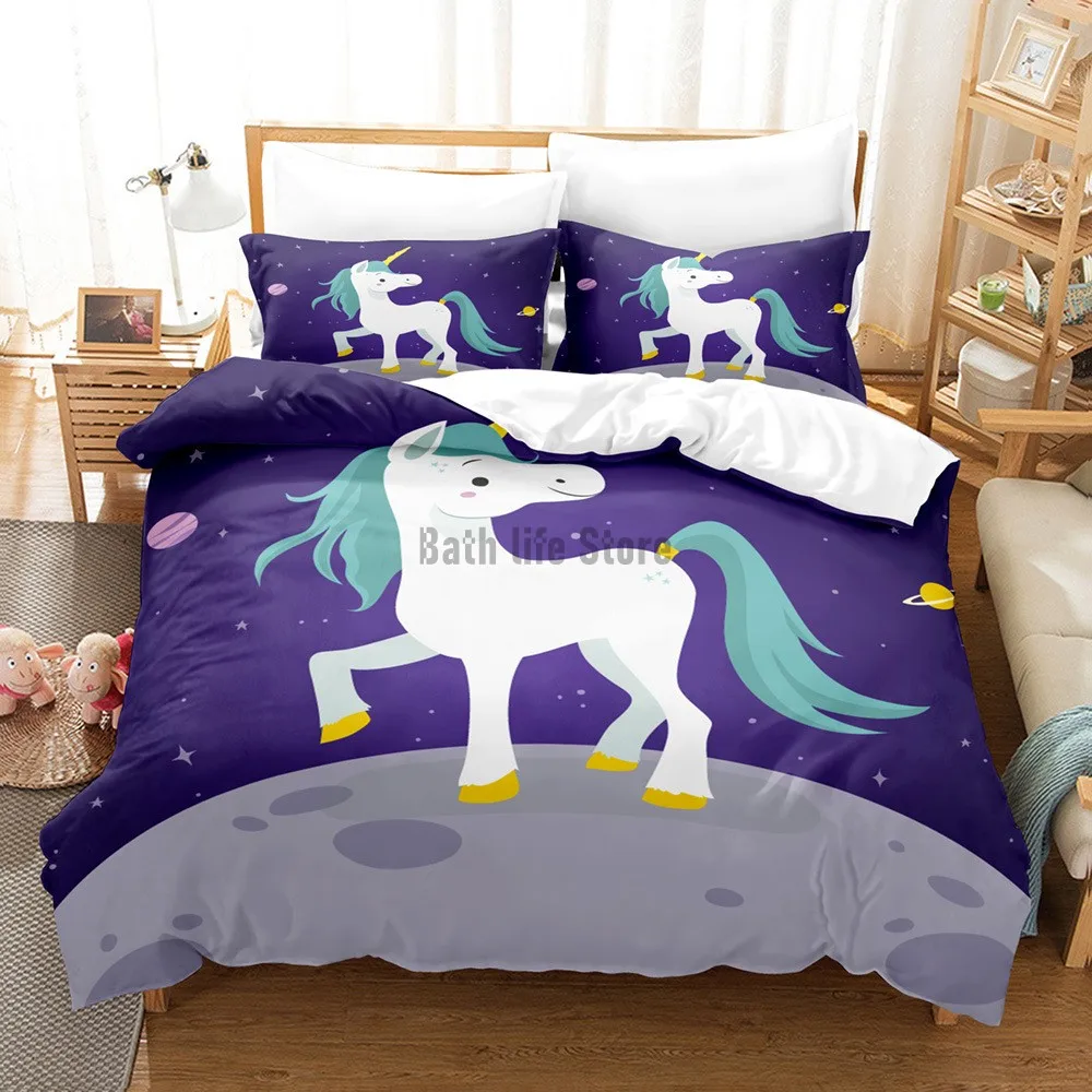 Hot Kids Bedding Set Pink Lucky Unicorn Bedding Set Animal Print Duvet Cover Set Queen King Size