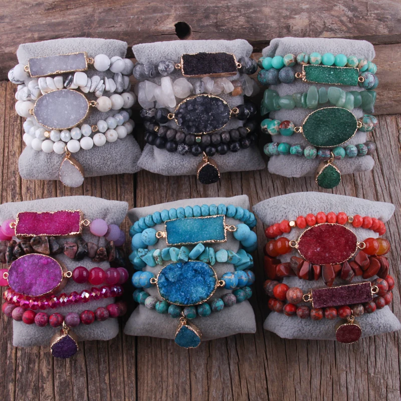 Fashion Bohemian Jewelry Accessory Beaded Stones Bracelet Natural Stone Druzy Charms 5pc Bracelets Sets For Women Gift