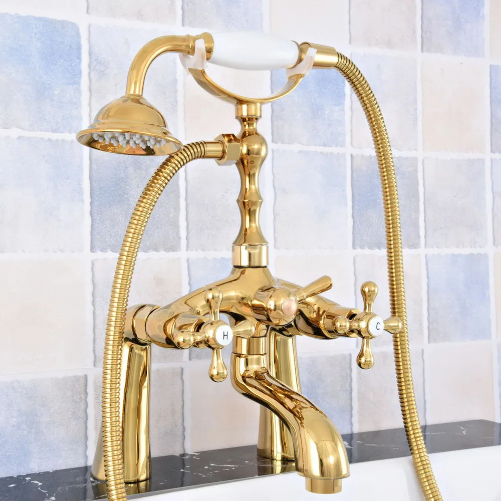 

Modern Luxury Golden Brass Deck Mounted Bathroom Tub Faucet Set with 1500MM Handheld Shower Spray Head Bath Mixer Tap 2tf778