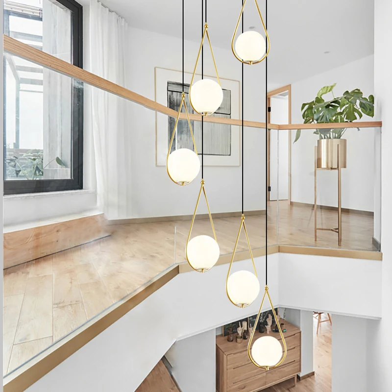 Stair Long Pendant Light Simple Modern Villa Nordic Living Room Creative Personality Restaurant Glass Ball Pendants Lights E27