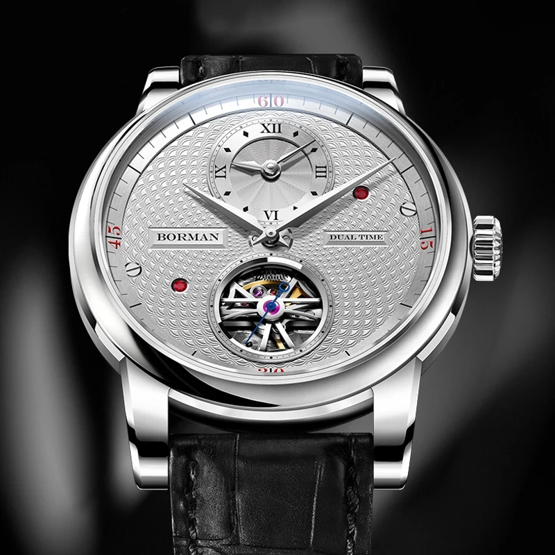 BORMAN doppio fuso orario scheletro orologi da uomo quadrante bianco vetro zaffiro impermeabile cinturino in vera pelle orologio meccanico automatico