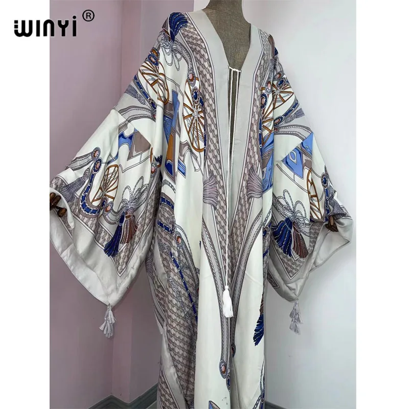 Imagem -02 - Winyi Novo Biquíni de Algodão Doce Senhora Rosa Boho Impressão Auto com Cinto Frente Aberta Longo Kimono Vestido Praia Túnica Vestido Bodycon Feminino Vestidos 2023