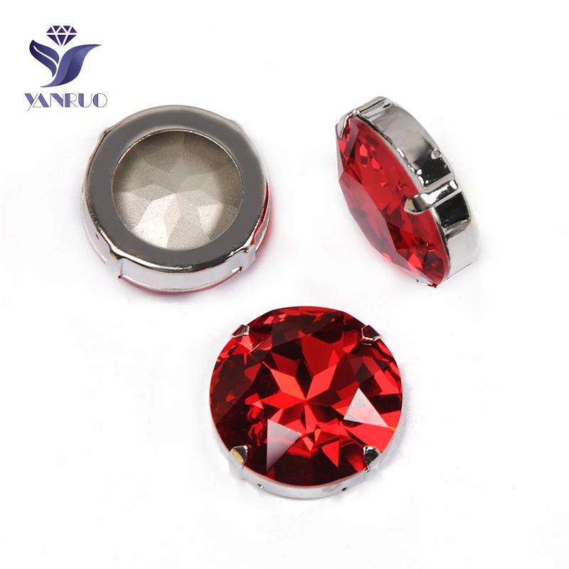 YANRUO 1201 27mm Light Siam Round Strass Sew On Rhinestones Glass Crystal Point Back Red Stones For Clothes Decoration