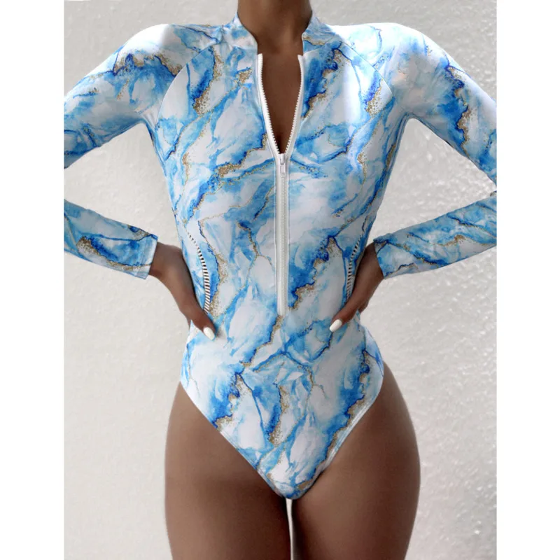 

Summer Zipper One Piece Swimsuit Long Sleeve Swimwear Sports Women's Swimming Bathing Suit Beach Bather Surfing Swim Wear 2024