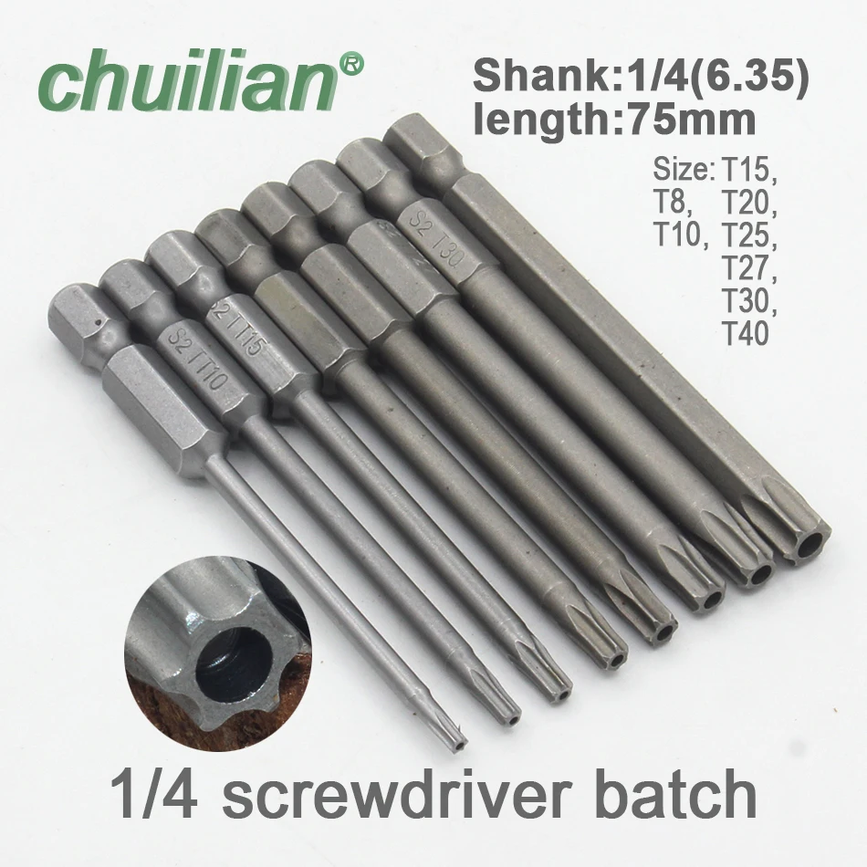 1Pc 75mm long T6-T40 Magnetic Torx Screwdriver Bits Set Electric Screwdriver head T6,T7,T8, T10, T15, T20, T25, T27, T30, T40