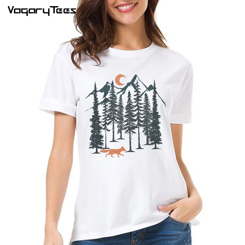 New T Shirts Women Fox in the Night Printed Tshirt Fox walking in the woods Tops t-shirt Female Clothing