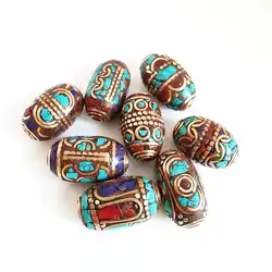 Mix 10PCS Nepal Handmade Beads Brass Inlaid Colorful Stone Big Long Beads Multi Figures NBB231