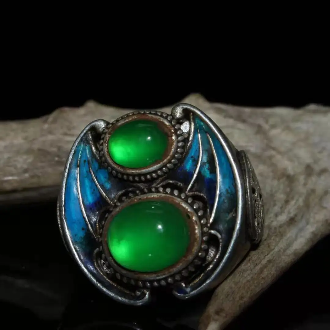 

Collection Chinese old Tibetan silver cloisonne inlaid greenstone jade bat pattern ring