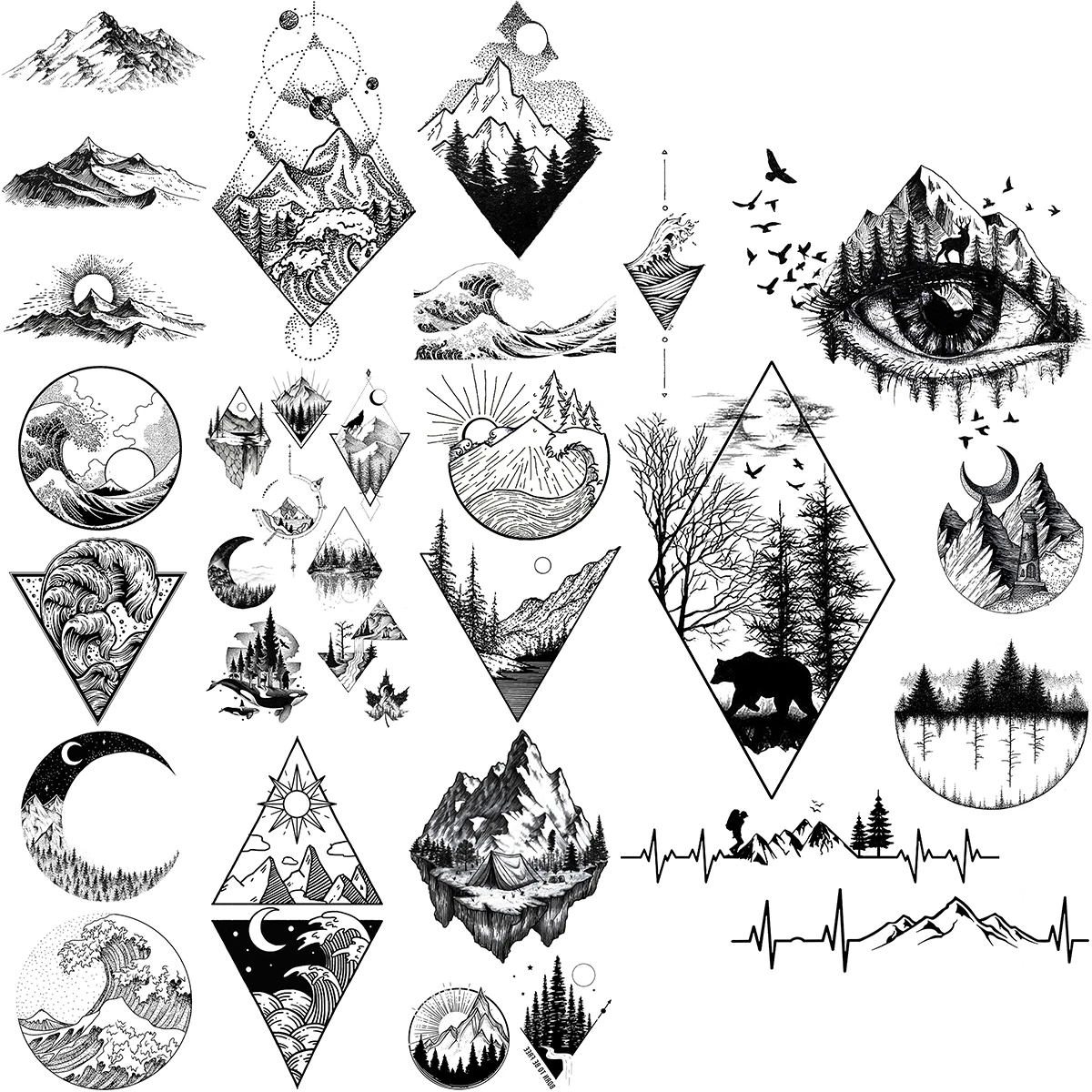 

Black Eye Forest Temporary Tattoos For Adults Men Realistic Mountain Sea Wave Moon Fake Tattoo Sticker Body Arm Creative Tatoos