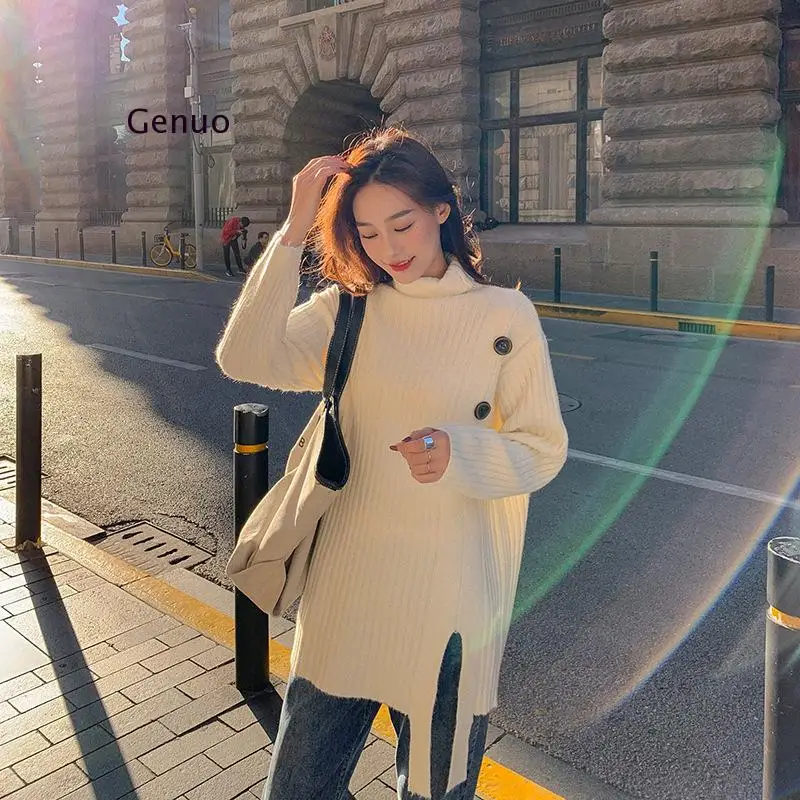 Retro Turtleneck loose warm outer sweaters women autumn winter 2021 design thick jumper knitted Sweaters pullovers womens top