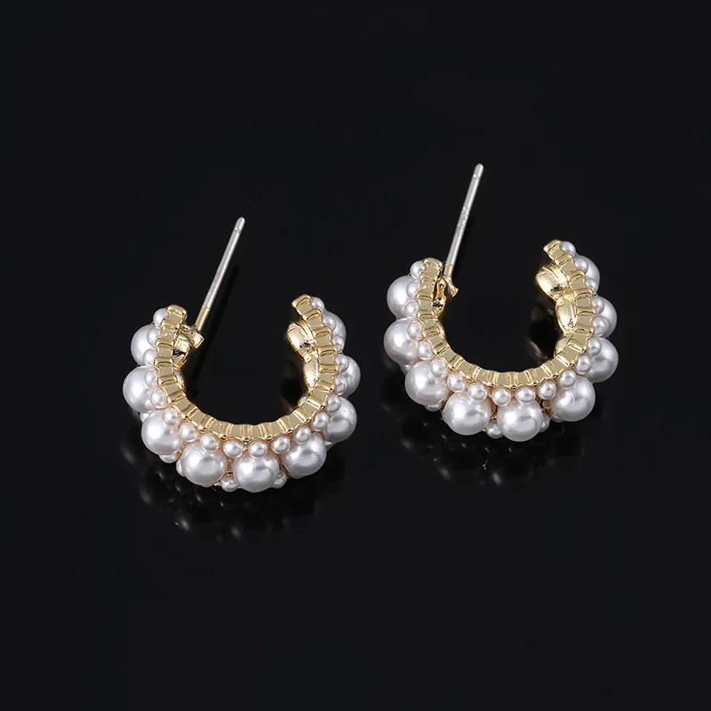 GRACE JUN 2021 New Arrival C Shape Stud Clip on Earrings No Pierced for Girl Student Fashion Gold Color Cute Pearl Cuff Earrings