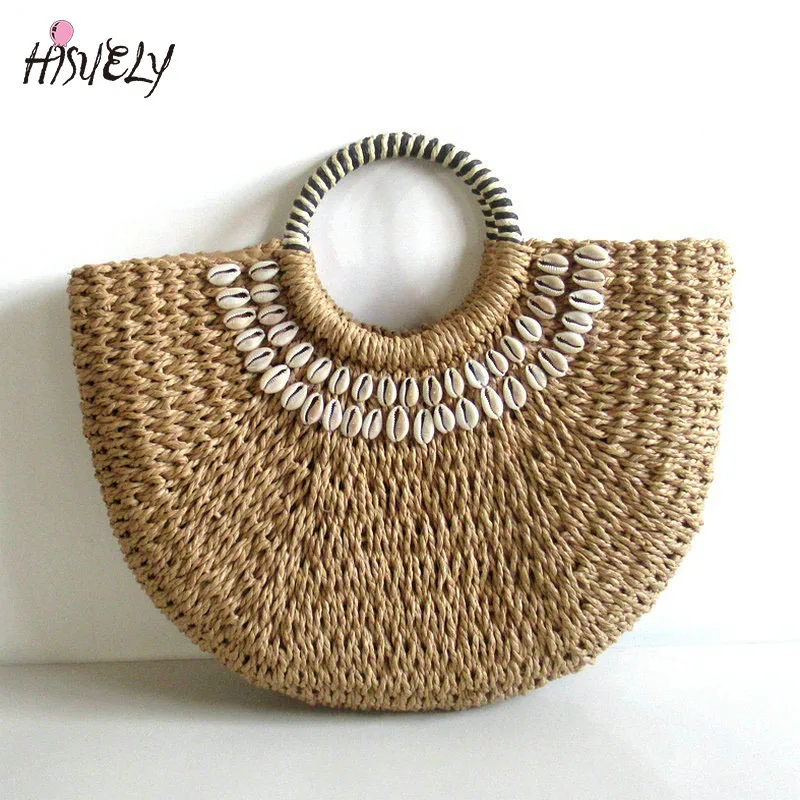 2024 New Women round bucket semicircle straw bag handmade  shell woven basket rattan handbag vacation beach bag