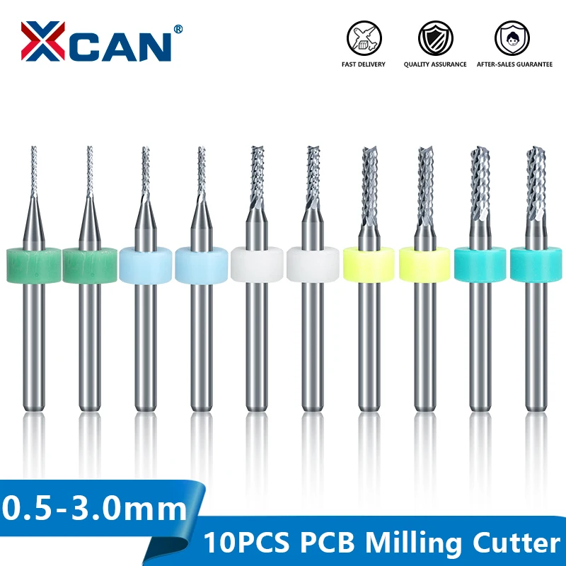 XCAN PCB Milling Cutter Set 0.5-3.0mm Carbide End Mill 10pcs Router Bit for PCB Machine Milling Tools