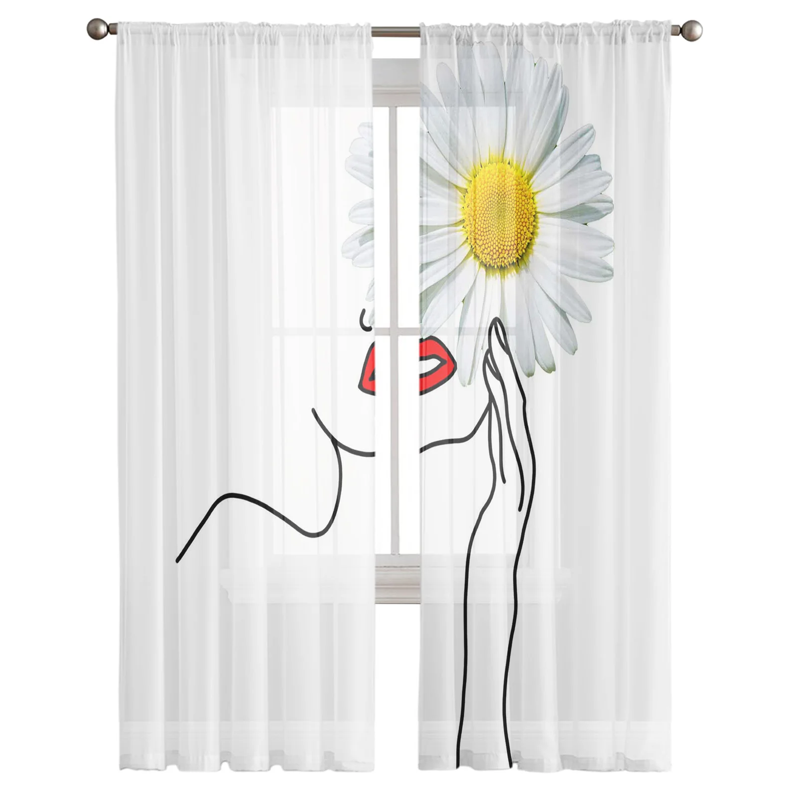 Daisy Flower Female Line Pattern Red Lips Voile Tulle Sheer Curtains for Bedroom Living Room Kitchen Decor Window Curtain