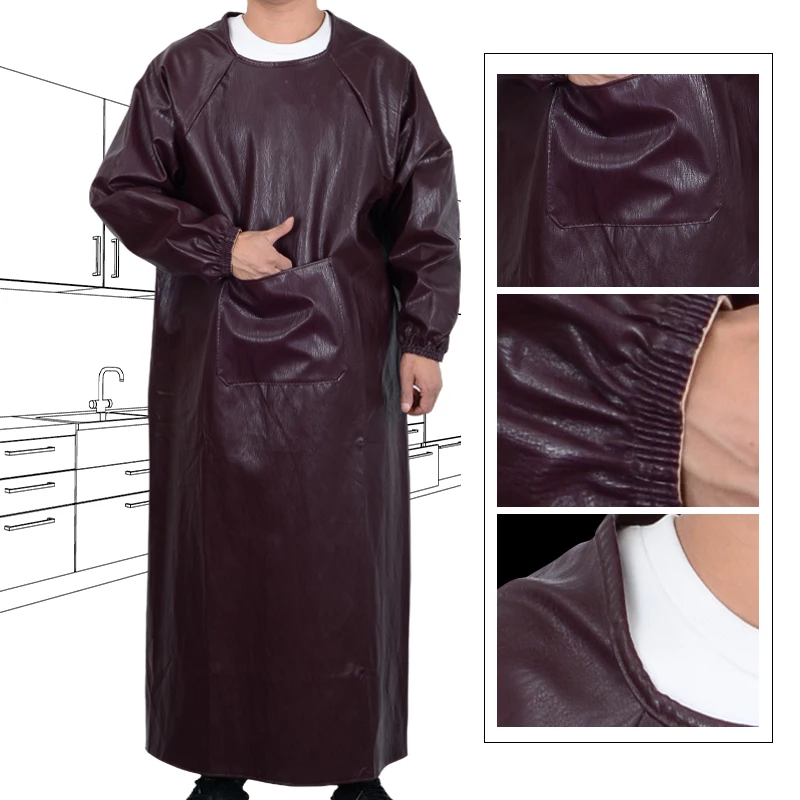 Soft Leather Overalls waterproof oil-proof long-sleeved aprons adult men and women reverse clothing kitchen work clothes