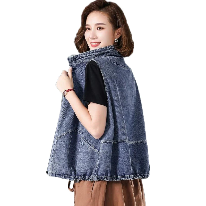 

Women's Denim Vest Jacket Female Zipper Sleeveless Waistcoat 2022 New Summer Stand-up Collar Cowboy Jeans Coat Vest 3XL D1060