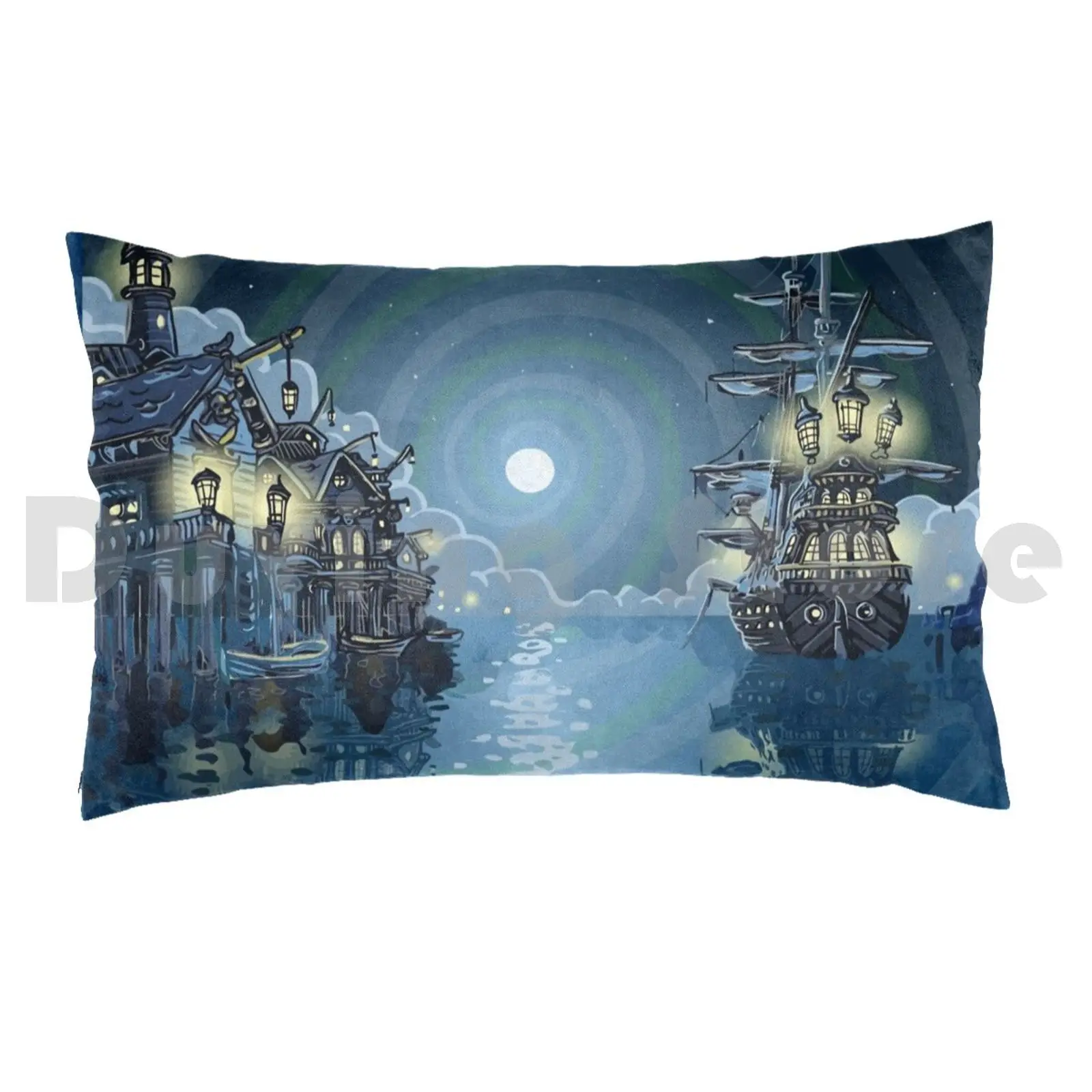 Pirates Bay Landscape FantasyPillow case Pirate Cove Bay Adventure Island Galleon Village Night Skull