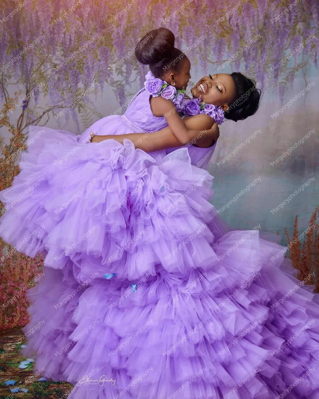 Elegant Lavander Mom And Me Tulle Dresses For Photo   Shoot Sleeveless Halter Ruffles Pleated Ball Gown   Mmother And Daughter G