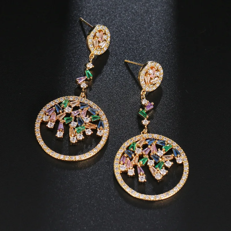 Ekopdee Newest Vintage Classic Big Round Zircon Earrings For Women Colorful Cubic Zirconia Drop Earring Female wedding Jewelry