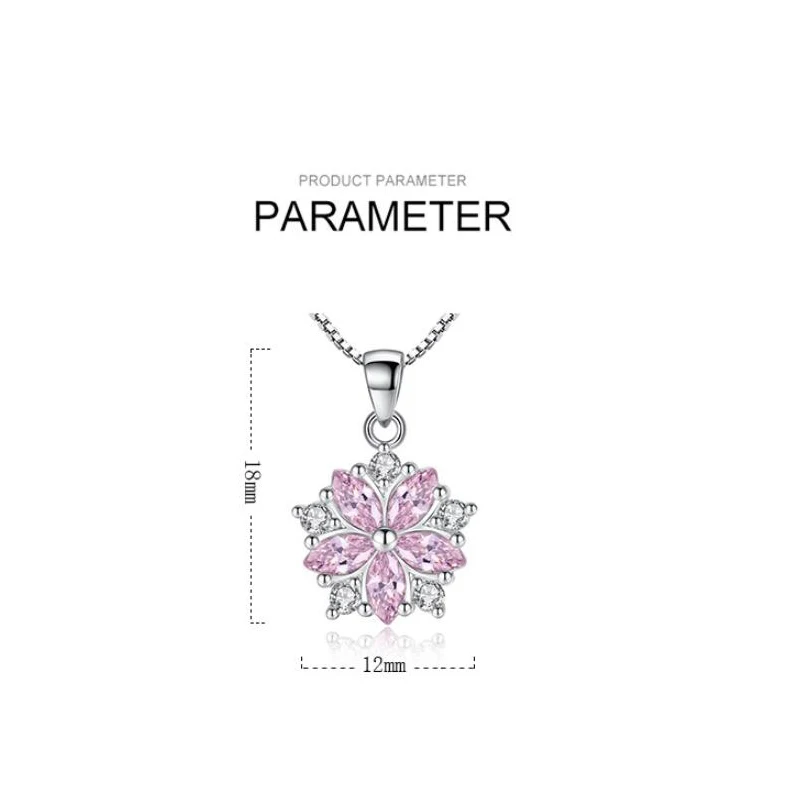 ANENJERY Silver Color Delicate Pink Clear Cubic Zircon Crystal Cherry Blossom Pendant Necklace For Christmas Gifts S-N223