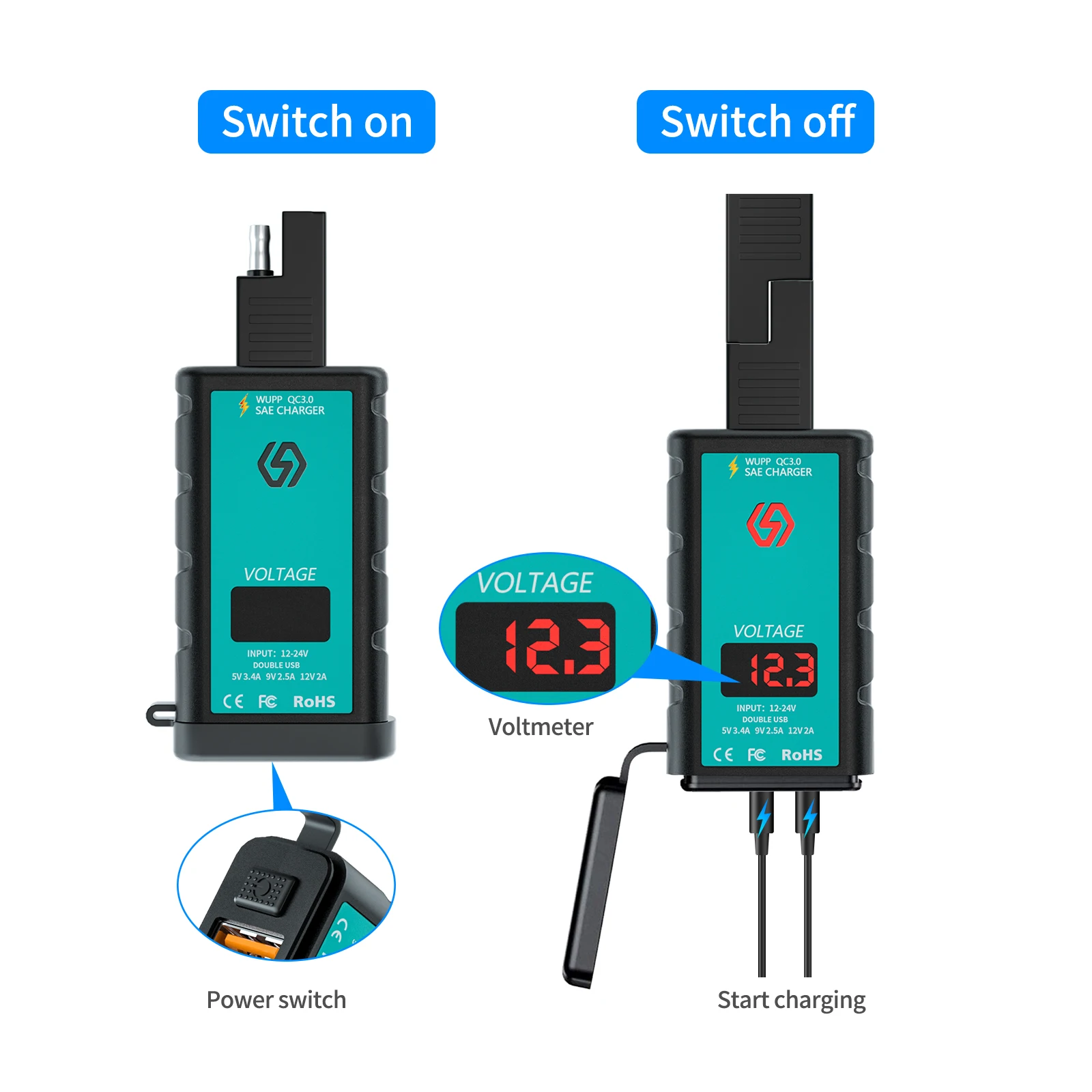 Adaptador de carregador usb para motocicleta, voltímetro à prova d'água, tomada de fonte de alimentação 12v, carregamento rápido, porta dupla para telefone gps