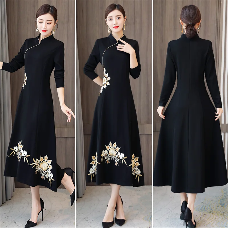 dress for women long Autumn Winter new Plus velvet thickening dress lady long-sleeved dress elegant fashion over the knee Party