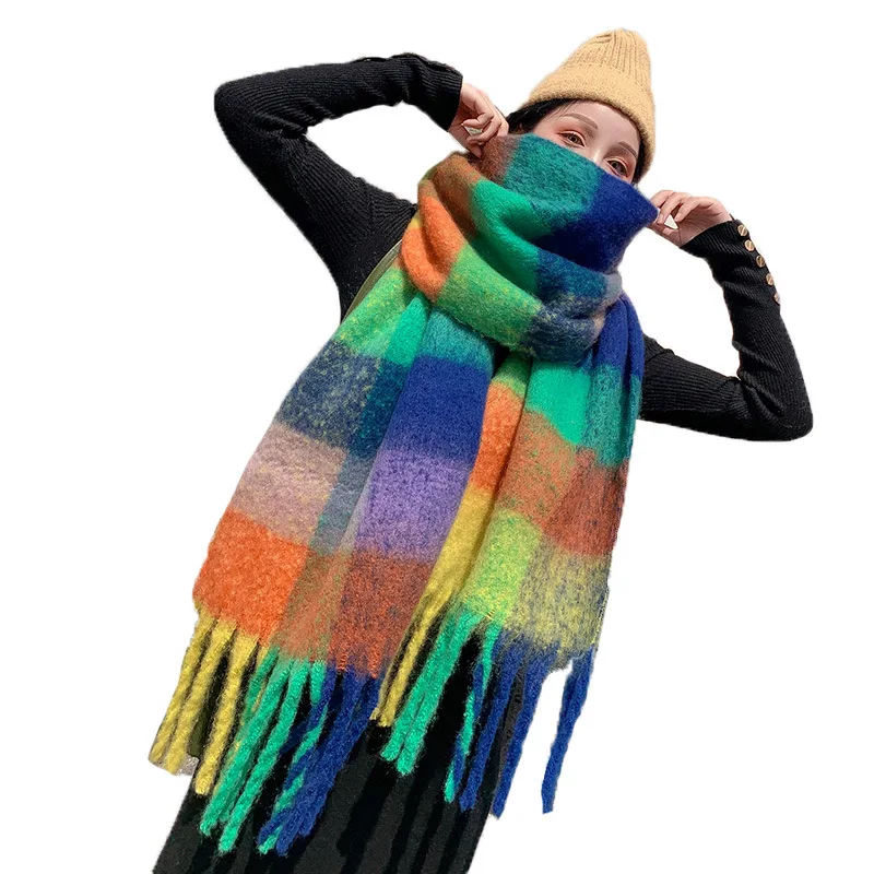 Autumn Scarf Women Korean Warm Rainbow Striped Cashmere Shawl 2020 Winter Female Thickened Warm Super Long Stoles Pashmina Hijab