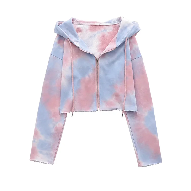 Tie-dye Zip Up Hoodie Women Cropped Harajuku Kpop Vintage Kawaii Hooded Sweatshirts Female Korean Fashion Casual Zipper Coat