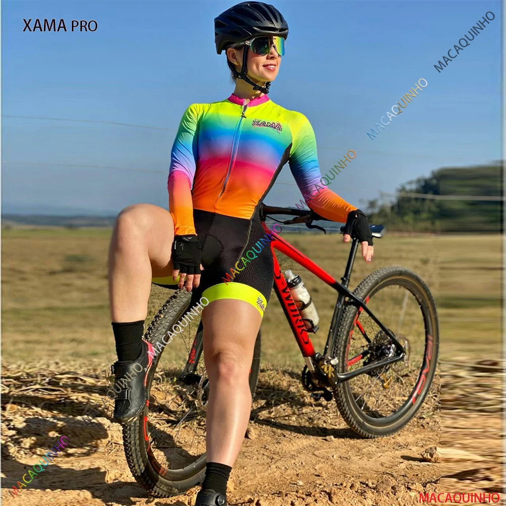 

Summer Jumpsuit Women's Long Sleeve Cycling Set Overalls Full XAMA Pro Bike Outfit Gel Cyclist Pants Rainbow Style