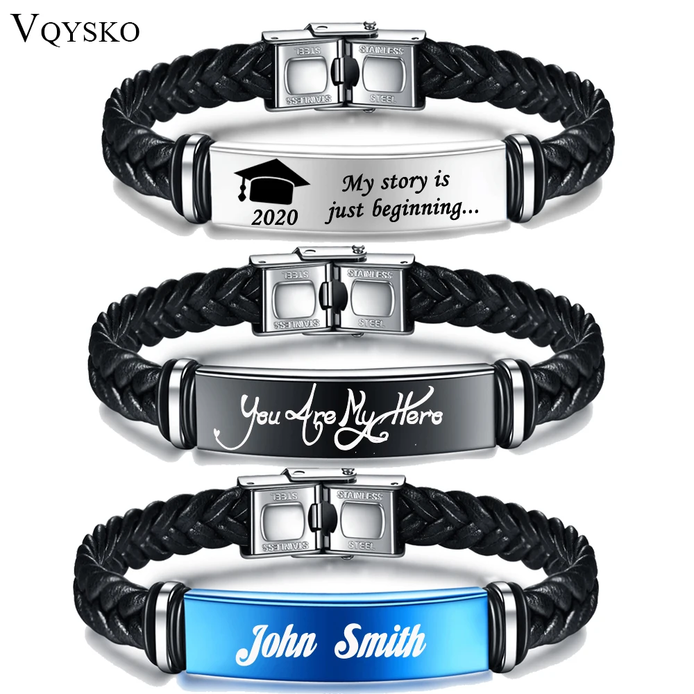 Men's Custom Personalize Engrave Jewelry Bracelets Fashion Braided Leather Inspirational Gifts Wristbands Bracelet For Him