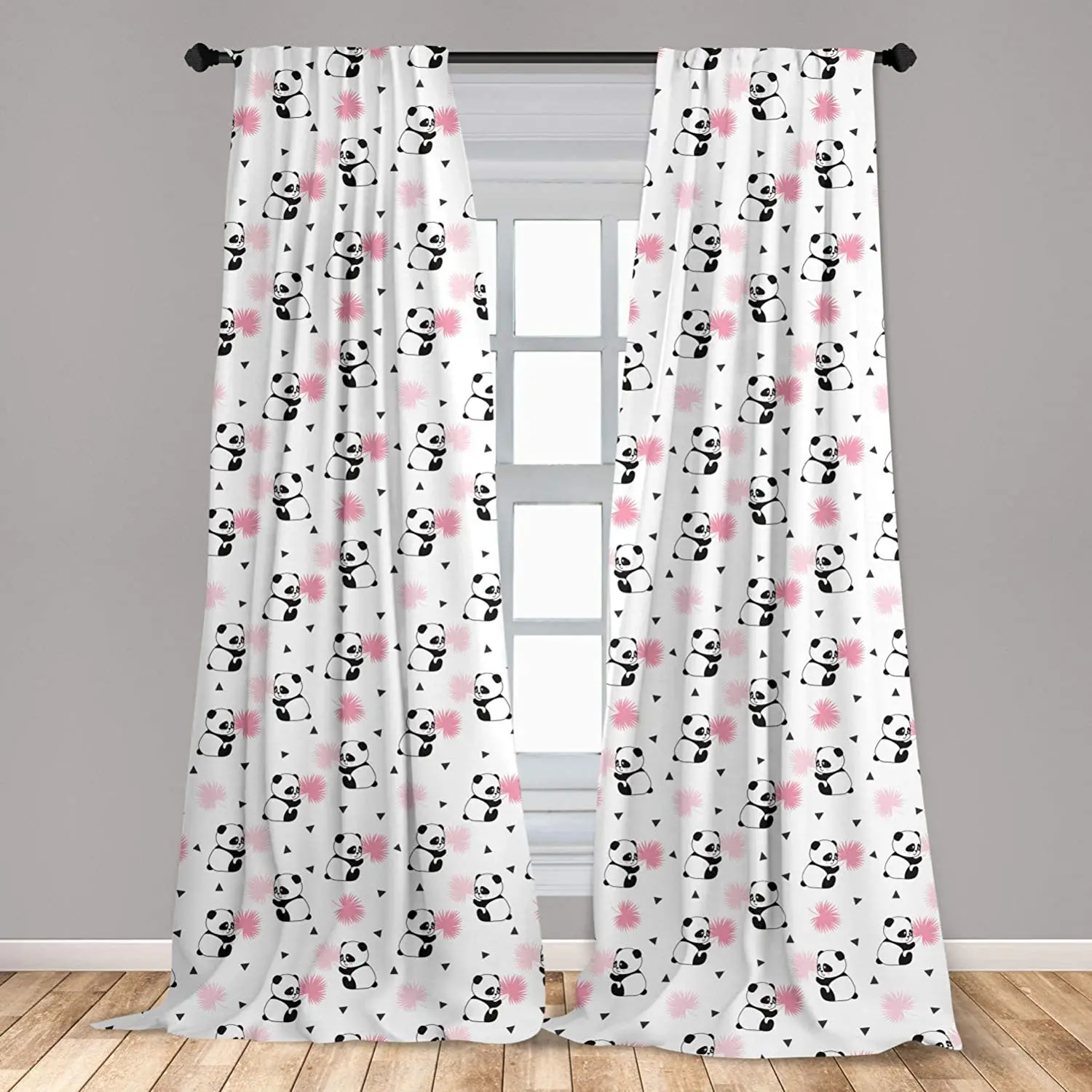 

Panda Window Curtains Childrens Cartoon Style Bear Drawings with Pink Foliage Leaves Chinese Window Drapes with Rod Pocket